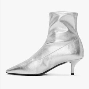 YDN Silver Western Low Heel Pointy Toe Kitten Ankle Booties for Daily Office